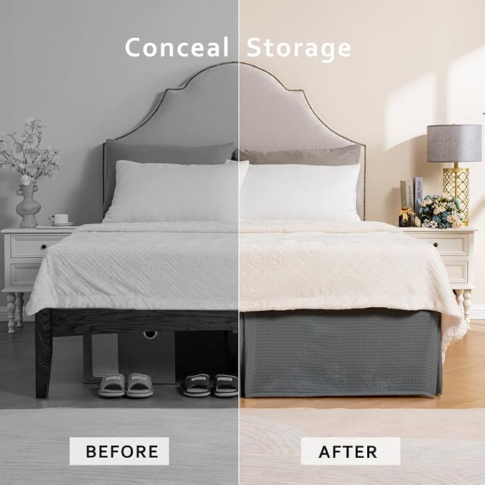 MIYE Pleated Waffle Weave Bed Skirt, Tailored Dust Ruffle 16 Inch Drop Easy Fit, Machine Washable (Dark Grey, Full - 16" Drop)