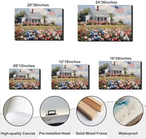 RIBNTAK Patriotic American Flag & Floral Farmhouse Canvas Wall Art, 4th of July Coastal Cottage Pictures, Wildflower Landscape, Independence Day Wall Decor for Living Room, Kitchen, Made USA