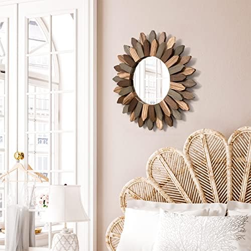 Emfogo Wall Mirror 12 inch Rustic Wood Sunburst Boho Mirror Farmhouse Wall Decor Room Decor Home Decor for Bedroom Living Room Entryway (Tri-Color)