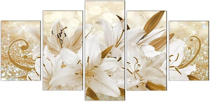 LUDUHU Golden Orchid Flowers Canvas Print - Abstract Floral Wall Art Painting Decor for Home Decoration, Contemporary White Floral Artwork Picture Bedroom Wall Art Decor (E,Oversize 40x20inch)