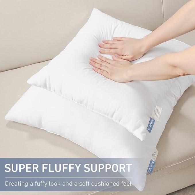 Leeden 20x20 Pillow Inserts, 20 Inch Decorative Throw Pillow Inserts, Soft Fluffy Square Throw Pillows for Couch, Sofa, Bed, and Home Decor White Cushion Pack of 2