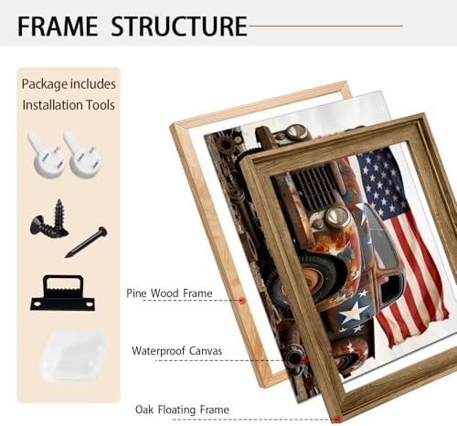 American Flag Framed Canvas Wall Art, 4th of July Patriotic Canvas Prints | USA Flag with Truck Poster Print, Vintage Independence Day Wall Decor for Bedroom Living Room Dining Room Office 16×20in