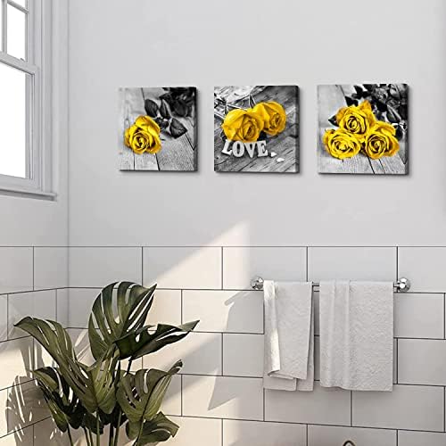 Yellow Wall Decor for Bedroom Roses Flower Pictures Yellow Bathroom Decor | Black and White Flower Canvas Prints Rustic Farmhouse Floral Paintings Modern Romantic Artwork Living Room Decor 12x12" 3 Pcs