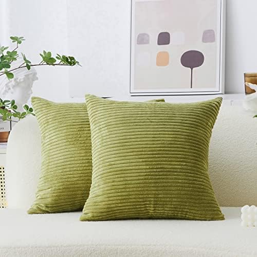 Home Brilliant Throw Pillow Covers 18x18 Set of 2 Soft Velvet Corduroy Striped Square Throw Pillows Cushion Cover for Couch Decor, 18 x 18 inch, Grass Green