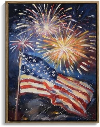 American Flag Framed Canvas Wall Art, 4th of July Patriotic Canvas Prints | USA Flag with Fireworks Poster Print, Modern Independence Day Wall Decor for Bedroom Living Room 11×14in