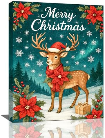 Reindeer Merry Christmas Wall Art Winter Reindeer Deer Poinsettia Canvas Wall Decor Elk Pictures Painting Print Framed Artwork Decorations Gifts for Living Room Bedroom Office 12"x16"