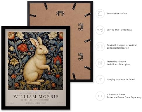 Poster Master White Rabbit Print - William Morris Poster - Flower & Animal Art - Botanical Exhibition Design - Floral Bunny Illustration - Great Office or Bedroom Decor - 8x10 Black Framed