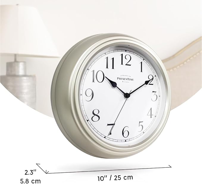 Presentime Chic Home Collection 10" Molly Clock | Silent No Ticking, Silver Color. Modern Decorative Wall Clock for Kitchen, Kid's Room, Bathroom, Bedroom, and Office
