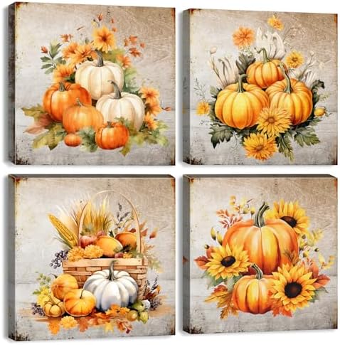 Pumpkin Canvas Wall Art Kitchen Wall Decor Rustic Sunflower Pictures Bedroom Artwork Autumn Themed Fall Festival Harvest Painting for Living Room Dinner Halloween Party Home Decorations 16x16" 4 Pcs
