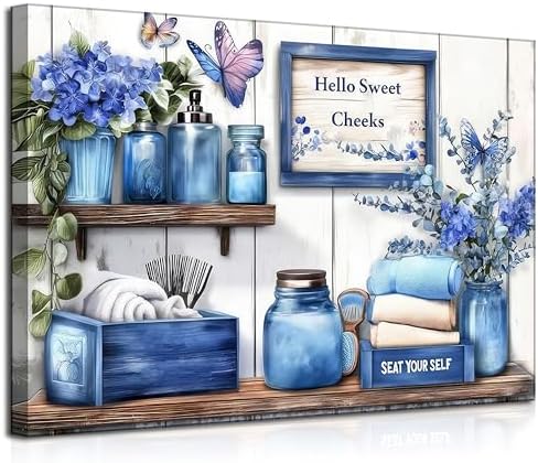 Navy Blue Farmhouse Bathroom Canvas Wall Art Blue Flowers and Butterflies Painting Picture Wall Decor Poster Print Artwork for Toilet Washroom Restroom Home Decoration