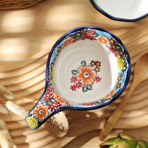 ALMA Handpainted Blue Floral Soup Bowl with Handle, 16oz Loop Handle Bowl