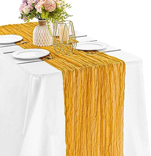 Mustard 10FT Cheesecloth Table Runner Boho Gauze Fabric Table Runner Rustic Sheer Runner for Wedding Bridal Baby Shower Birthday Party Boho Table Decor（1 Pack Mustard）