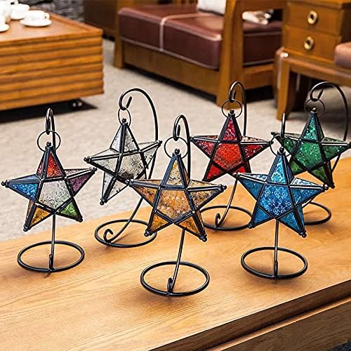 Sziqiqi Glass Star Tealight Lantern, Hanging Star Candle Holder, Green
