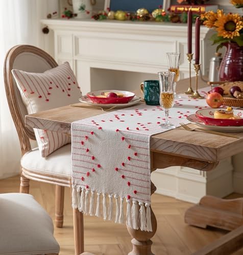Christmas Table Runner 13 x 108 Inch Long Natural Cotton Woven Runner with Tassels for Home Dining Christmas Decorations, for Modern Farmhouse Holiday Boho Table Runner, Red and Beige