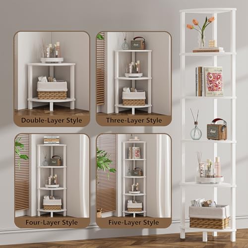VIMBER Corner Shelf, 6-Tier Corner Bookshelf, Industrial Corner Ladder Shelf, DIY Storage Shelves, Modern Display Shelf for Living Room, Bedroom, Kitchen, Home Office, White UJSJ004W
