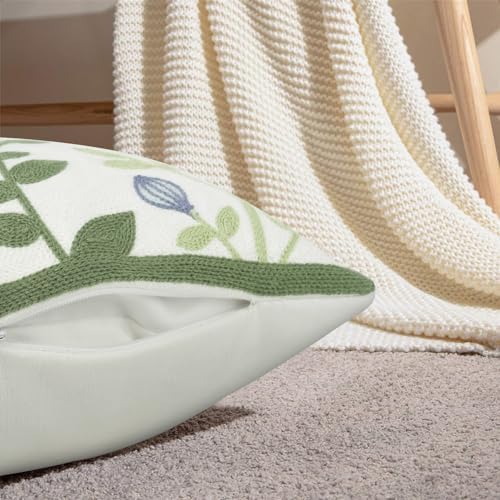 Merrycolor Decorative Pillow Cover, Embroidered Green Leaves Decorative Throw Pillow Covers Couch Square Pillowcases Cushion for Bedroom Sofa Farmhous（Pack of 1