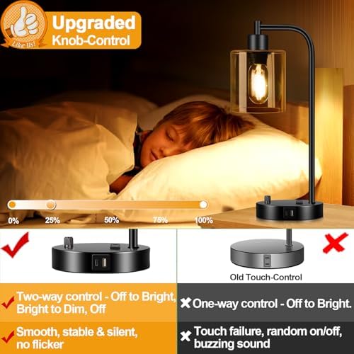 Lynnoland Set of 2 Industrial Table Lamps with USB C+A Ports and Outlet, Black Nightstand Lamps with Amber Glass Shade for Reading Living Room Office (2 LED Bulb)