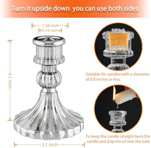 Silver Glass Candlestick Holders, Taper Candle Holders, Set of 6