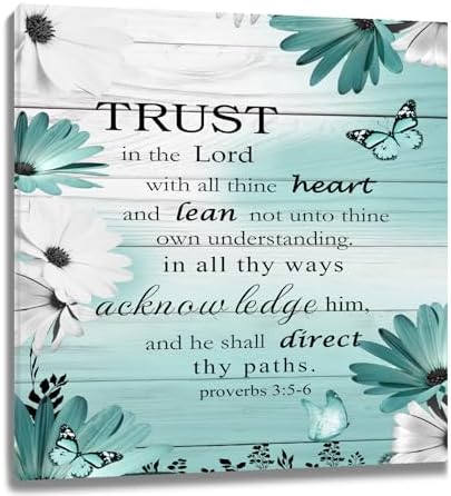 LB Farmhouse Teal Blue Floral Wall Art for Bathroom Bible Verse Canvas Wall Art Wall Paintings Home Decor Daisy Flower Butterfly Wall Pictures for Living Room Bedroom Office Ready To Hang,12x12 Inch