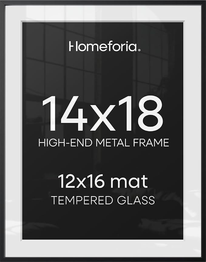 Homeforia 14x18 Black Picture Frame, High-End Metal, 12x16 Mat, Glass