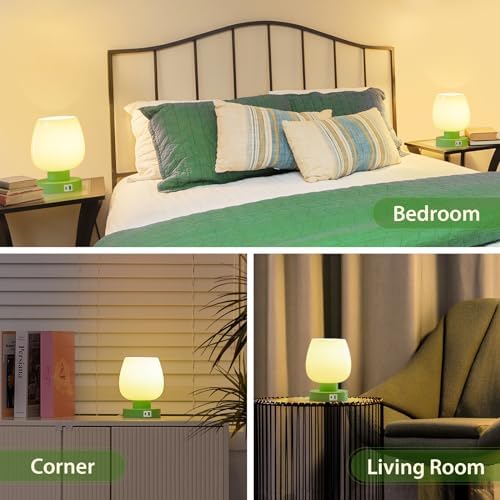 ONEWISH Touch Bedside Table Lamp with USB Charging - 3 Way Dimmable Small Glass Lamp for Bedroom, 2700K LED Bulb Included, Green, 2 Packs