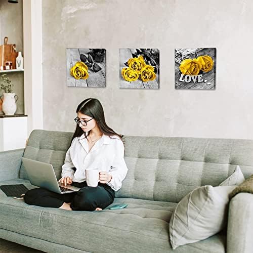 Yellow Rose Wall Art Kitchen Decor Black and White Flowers Canvas Prints Picture Romantic Floral Love Bathroom Photo Paintings Modern Aesthetic Flower Artwork for Bedroom Home Decorations 14x14”3Pcs