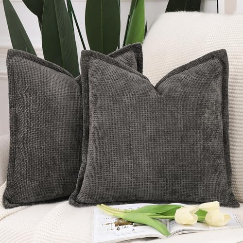 MADIZZ Decorative Chenille Velvet Throw Pillow Covers Set of 2 Soft Boho Textured Neutral Couch Throw Pillow for Bed Modern Farmhouse Home Decor for Sofa Livingroom Dark Taupe 20x20 Inch