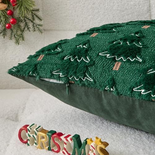 Kevin Textile Christmas Tree Pillow Covers 18x18 Inch Set of 2 Soft Plush Faux Fur with White Snow Embroidery Decoration Pillowcases for Couch Sofa Holiday Festivals Winter Xmas Gift, Dark Green