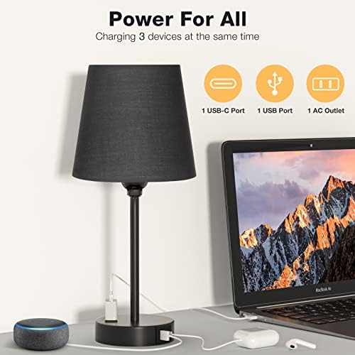 Black Bedside Lamps Set 2 for Bedroom - Dimmable Touch, USB C+A, AC Outlet