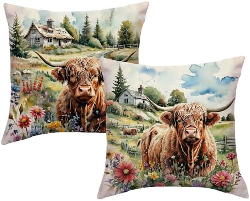 Highland Cow Decorative Throw Pillow Covers with Wildflowers 18x18 Inch Farmhouse Rustic Cushion Cover Western Cows Pillowcase 2Pack for Couch Sofa (Green)