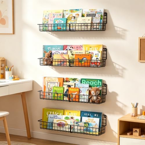 X-cosrack 24 Inch Wall Mounted Kids Bookshelf, Floating Metal Book Shelves for Kids Nursery Toddler Classroom, Hanging Book Shelf Organizer for Room Decor, Black, Set of 4