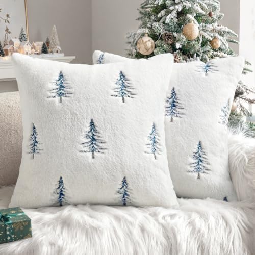 MIULEE Christmas Decorative Faux Fur Pillow Covers 18x18 Inch White Blue