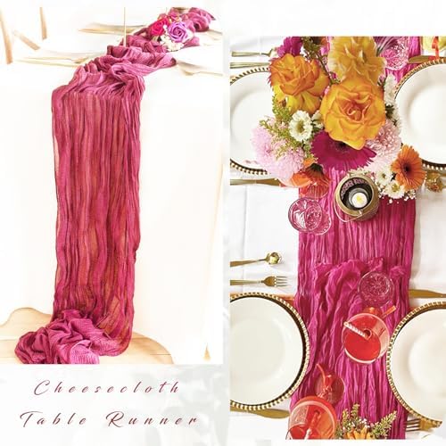 6 Pieces Hot Pink Cheesecloth Table Runners 10FT Gauze Fabric Runner for Tables Boho Table Runner Decoration Rustic Sheer Runner for Wedding Birthday Baby Bridal Shower Party (35 x 120 Inches Long)