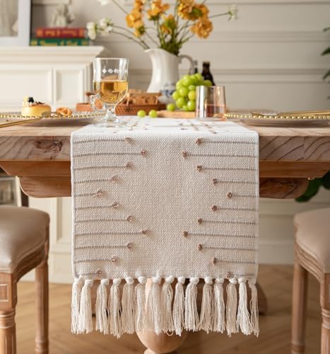 Boho Table Runner 13 x 108 Inch Long Natural Cotton Woven Runner with Tassels for Home Dining Table décor, for Modern Farmhouse Decor Coffee Table Runner, Taupe and Beige