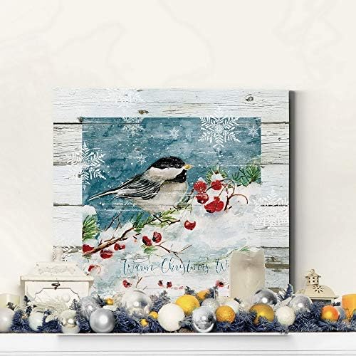 Renditions Gallery Christmas Abstract Wall Art Chickadee Bird Sitting in a White Snowed Cherry Tree Canvas Hanging Artwork Prints for Bedroom Office Home Kitchen - 24"X24" LT05