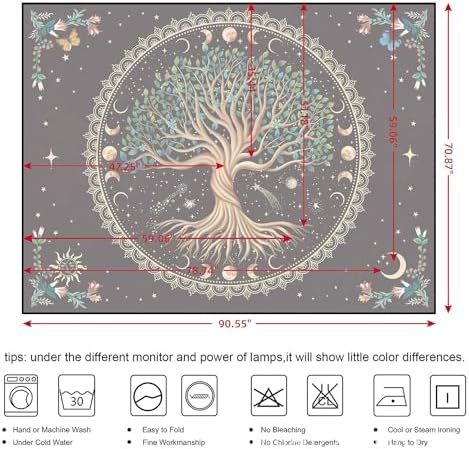 Moon Phase Tree of Life Tapestry Nature Flower Plant Butterfly Tapestries Boho Mandala Spiritual Tapestry Aesthetic Wall Hanging for Home Decor Bedroom Living Room Dorm Decor (35.44" x 47.25", Blue)