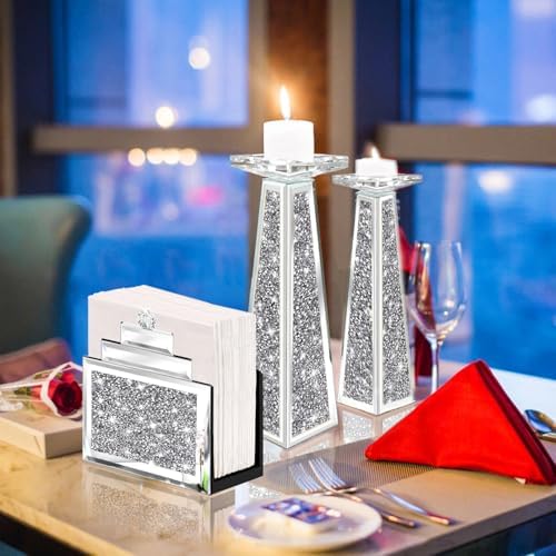 Wocred Mirror Napkin Holder,Crystal Crushed Diamond Vertical Holder,Cute Tissue Holder Holds Napkins Upright for Bathroom，Dining Table，Kitchen Table.(6.8”X5.9”X3”)
