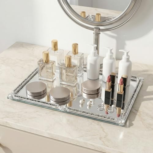 Large Mirror Perfume Tray for Dresser,Crushed Diamond Glass Tray