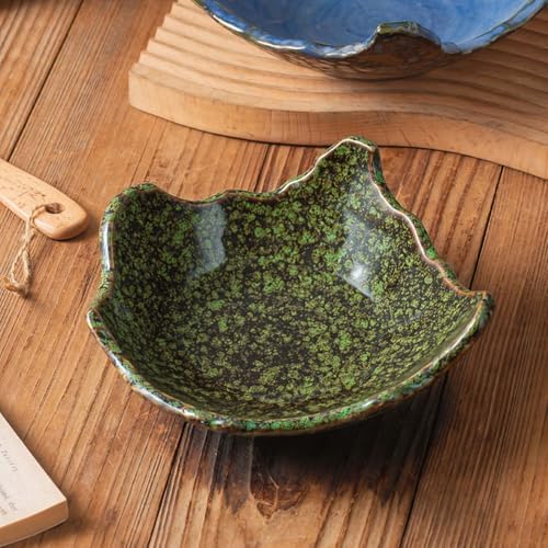 8" Small Ceramic Decorative Bowl 1 Pice – Irregular Rim Reactive Glaze Candy Bowl, Berry Bowl, Entryway Catchall, Japanese Style Fruit Dish for Tabletop or Home Decor (Green Reactive Glaze)