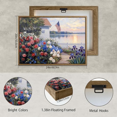 American Flag Framed Canvas Wall Art, 4th of July Patriotic Canvas Prints | Summer Cottage Landscape Poster Print, Vintage Independence Day Wall Decor for Bedroom Living Room 20×24in