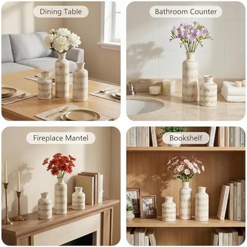 Vintage Ceramic Flower Vase Set of 3, Rustic Farmhouse Vase for Home Decor, Distressed Decorative Vase for Table Entryway Mantel Centerpiece Living Room Bathroom Bedroom (Ivory Vein)