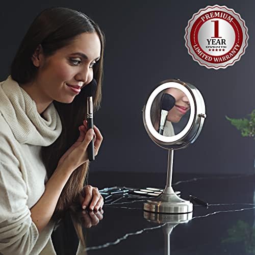 OVENTE 7'' Lighted Tabletop Makeup Mirror, 1X & 7X Magnifier, Spinning Double Sided Round LED, Great for Vanity, Bath, & Bedroom, Battery Powered, Nickel Brushed MCT70BR1X7X (Pack of 2)