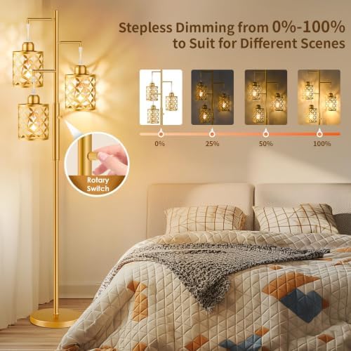 72" Modern Tree Floor Lamp, Dimmable Industrial Tall Standing Lamp with Metal Cages & Rotary Dimmer Knob, Corner Decor Lighting for Living Room Bedroom Cafe, 3 x 800LM Bulbs Included - Gold