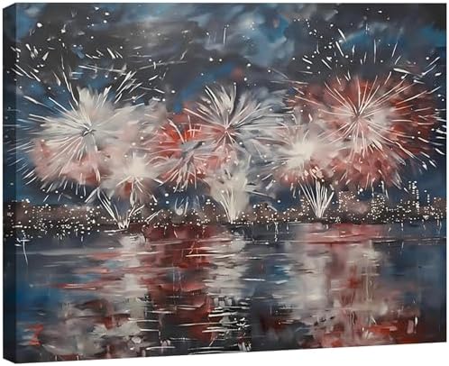 Patriotic 4th of July Fireworks Framed Canvas Wall Art, Red White Blue City Night Skyline Painting, Independence Day Holiday Decor for Living Room, Bedroom, Kitchen and Home Decoration