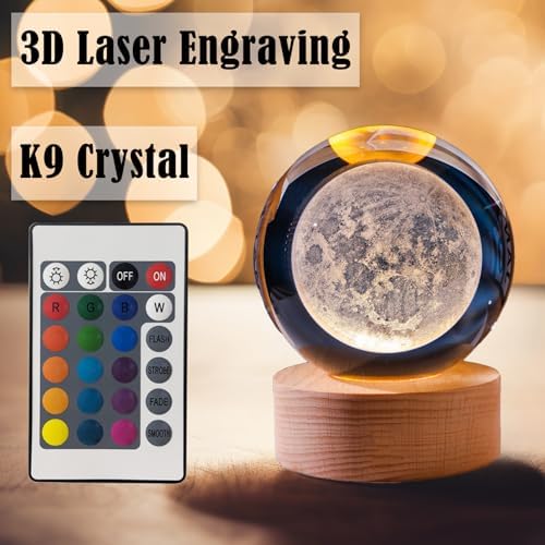 3D Moon Crystal Ball 3.15" With LED Lamp Colorful Wooden Base Night Light, Removable Glow Color Changing Light With Remote for Boy Friends (3-Moon)