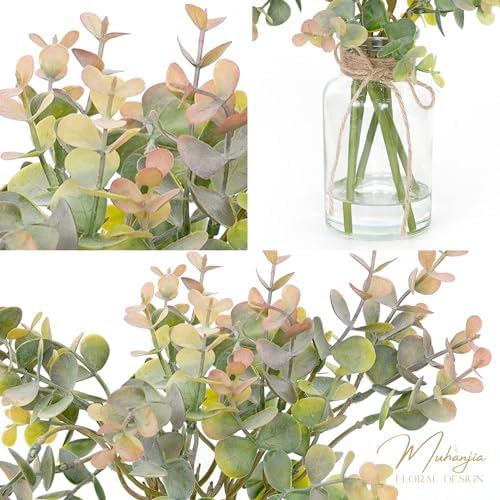 Muhanjia Artificial Eucalyptus Stems in Glass Vase with Faux Water,6Pcs Grey-Orange Fake Plant for Centerpiece (Grey-Orange Eucalyptus)