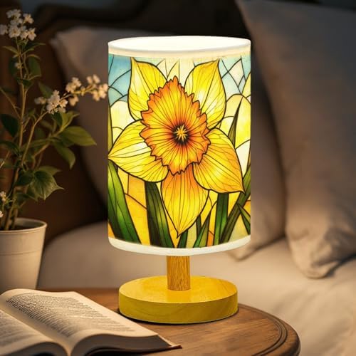 Daffodil Table Lamp LED 3-Color Pressed Bedside, Daffodil Shade Lamp with Wood Base for Bedroom Living Room Desk Office TL01