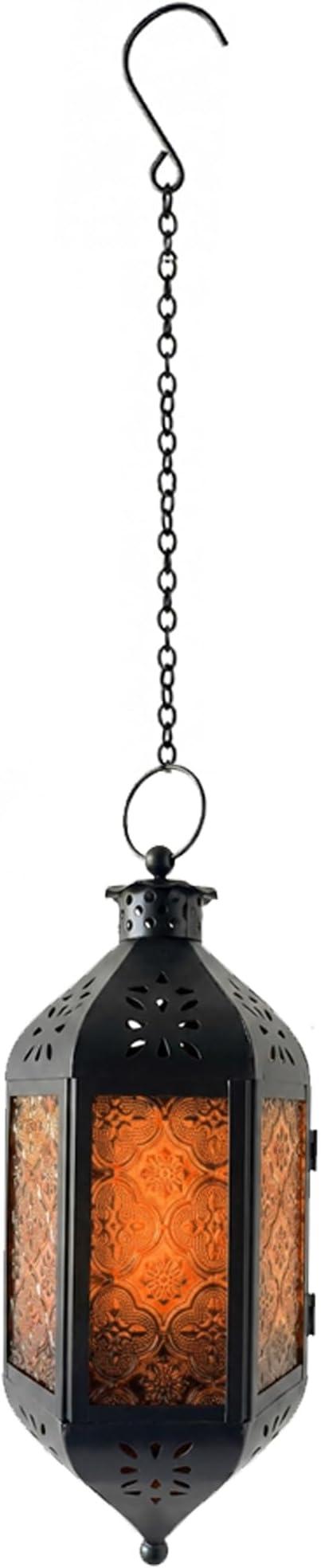 Vela Lanterns Hanging Moroccan Lantern with LED Twinkle Fairy Lights - Exotic Decorative Patio & Porch Decor, Indoor Outdoor Candle Lamp Holder with Chain (13" Large, Amber Glass)
