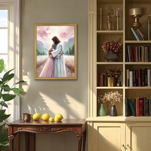 Pink Jesus Wall Art, Christian Canvas Wall Decor Paintings, Jesus Healing Embracing Woman Posters Print Artwork, Pink Room Decor for Living Prayer Church Bedroom 16x24 inch Framed