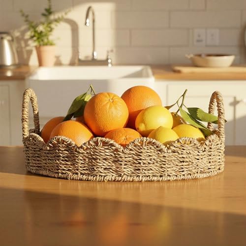 Household Essentials Round Handwoven Seagrass Tray with Scalloped Edge and Handles, Natural